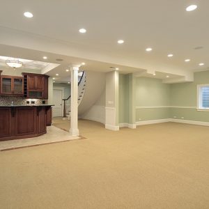 Basement in new construction home with bar